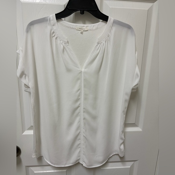 Pleione Tops - Pleione White Split-Neck Flowing Blouse
